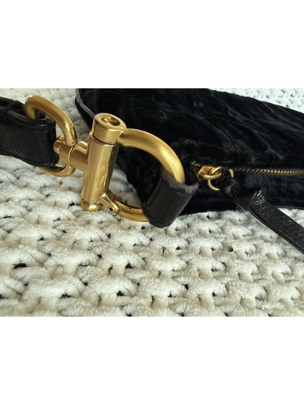 Black Velvet Wristlet Clutch with Leather Accents and Gold Hardware